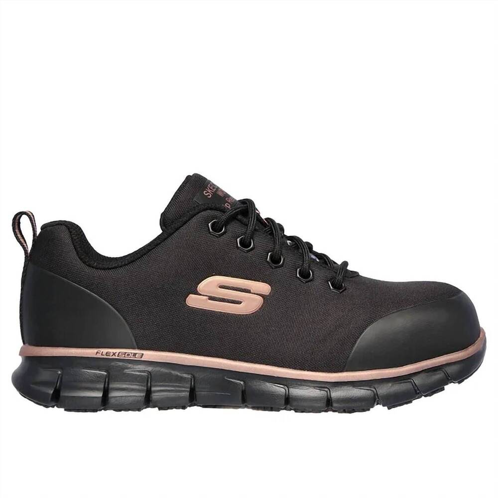 NEW SKECHERS women's sure track - chiton alloy toe work shoe in black/rose gold